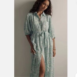 MAEVE LINEN BUTTON-FRONT BELTED MAXI SHIRT DRESS